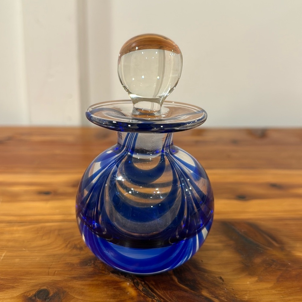 MMA Art Glass Hand Blown Cobalt Blue Swirl Perfume Bottle